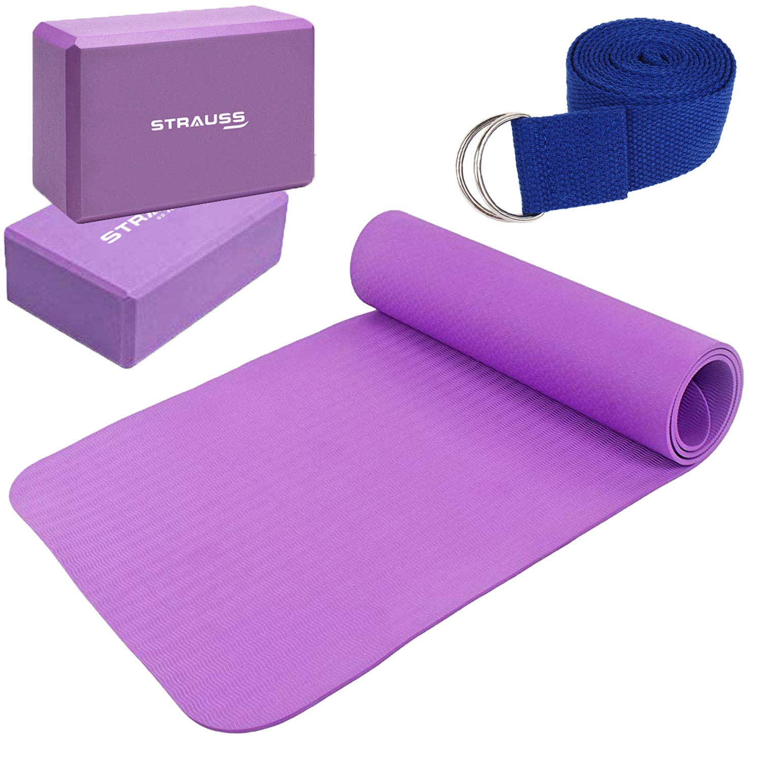 Strauss Lightweight Eco Friendly Yoga Mat 6 mm (Purple), Yoga Block (Purple) Pair and Yoga Belt (Blue)