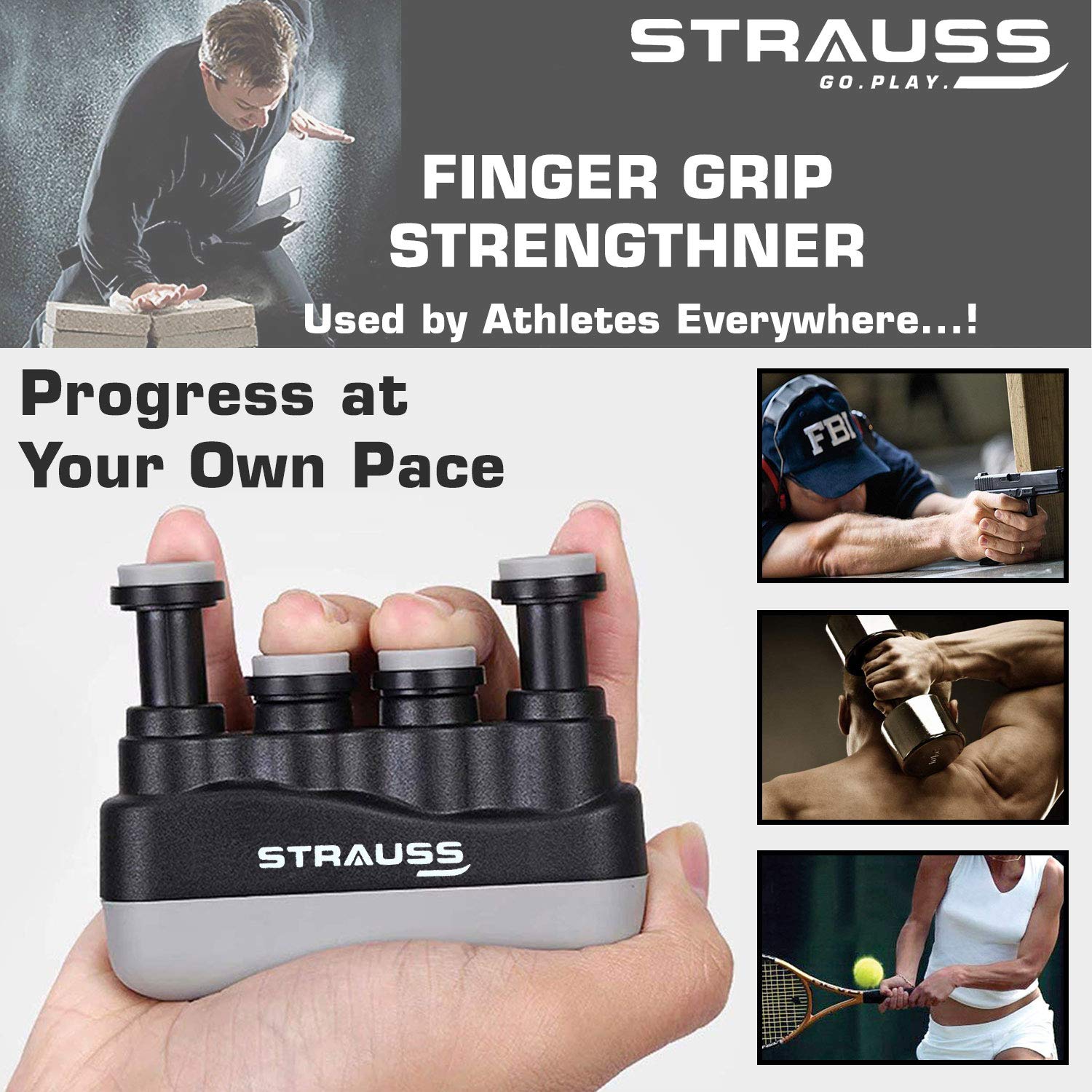Strauss Wrist Exerciser, Black and Adjustable Finger Hand Grip, Black