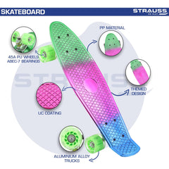 STRAUSS Cruiser Skateboard| Penny Skateboard | Casterboard | Hoverboard | Anti-Skid Board with ABEC-7 High Precision Bearings | Ideal for All Skill Level | 28 X 6 Inch,(Green,Pink,Blue)