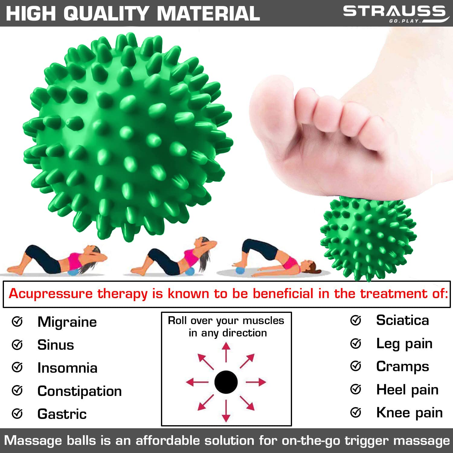 Strauss Acupressure Massage Ball, 3.5 inch | Ideal for Physiotherapy, Deep Tissue Massage, Trigger Point Therapy, Muscle Knots | Acupressure Therapy Ball for Myofascial Release & Pain Relief, (Green)