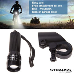 Strauss Bicycle Zoom LED Torch with Mount Holder | Front Bicycle Light | 3 Light Modes | Portable Headlamp
