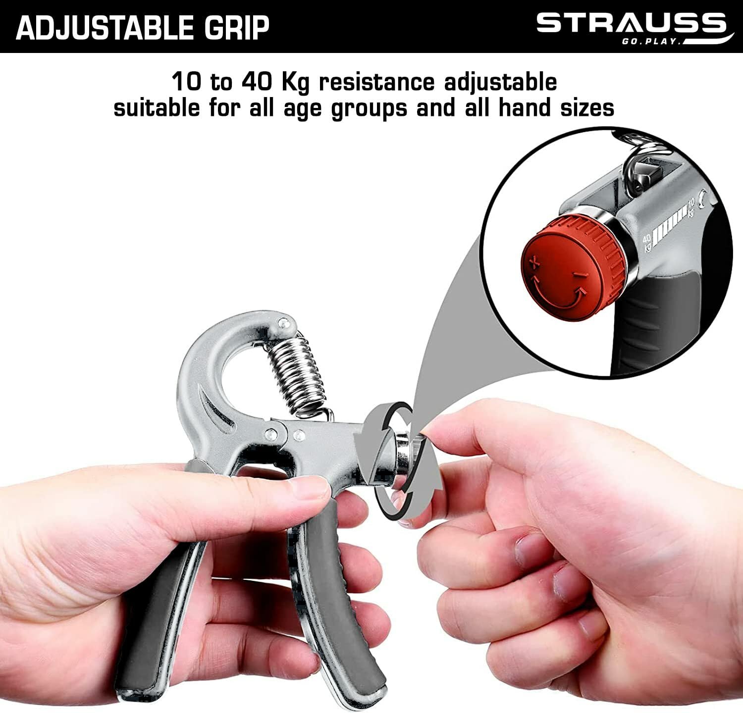 Strauss Adjustable Hand Grip Strengthener - Grey & Black (Pack of 2)