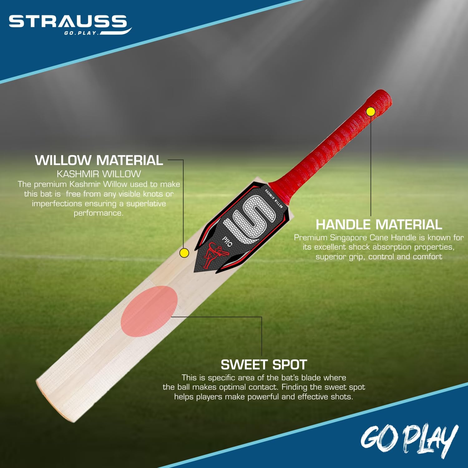 Strauss Pro Cricket Bat | Kashmir Willow | Cricket Bat with Grip for Tournament Match | Standard Leather Ball Bat for Cricket | Size: 6 (900-1050 Grams)