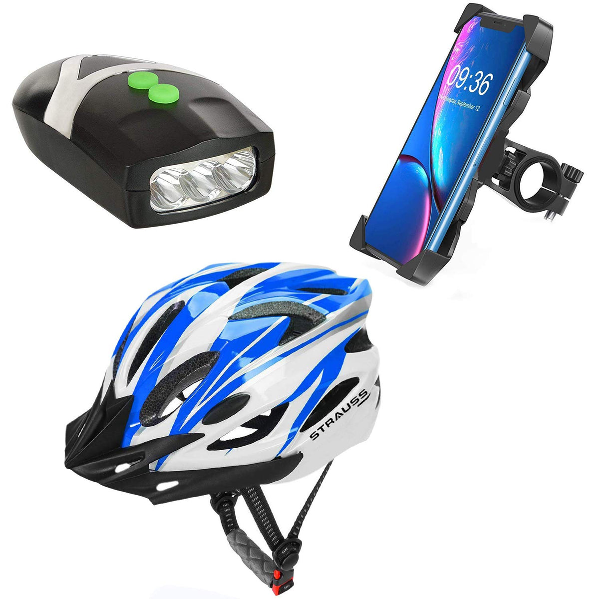 Strauss Cycling Helmet, (White/Blue) with Led Headlight and Mobile Holder