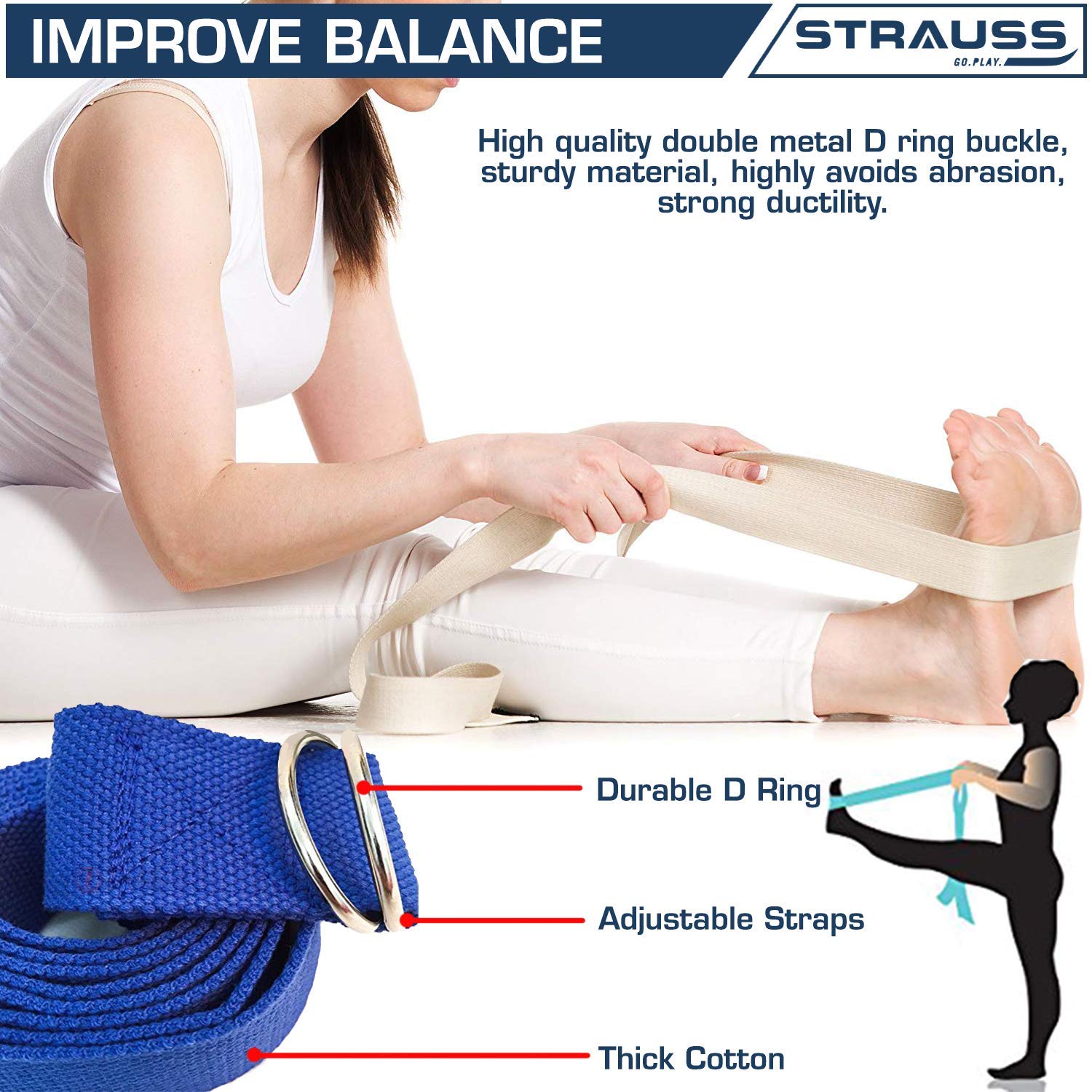 STRAUSS Yoga Belt (Blue, 8 Feet)