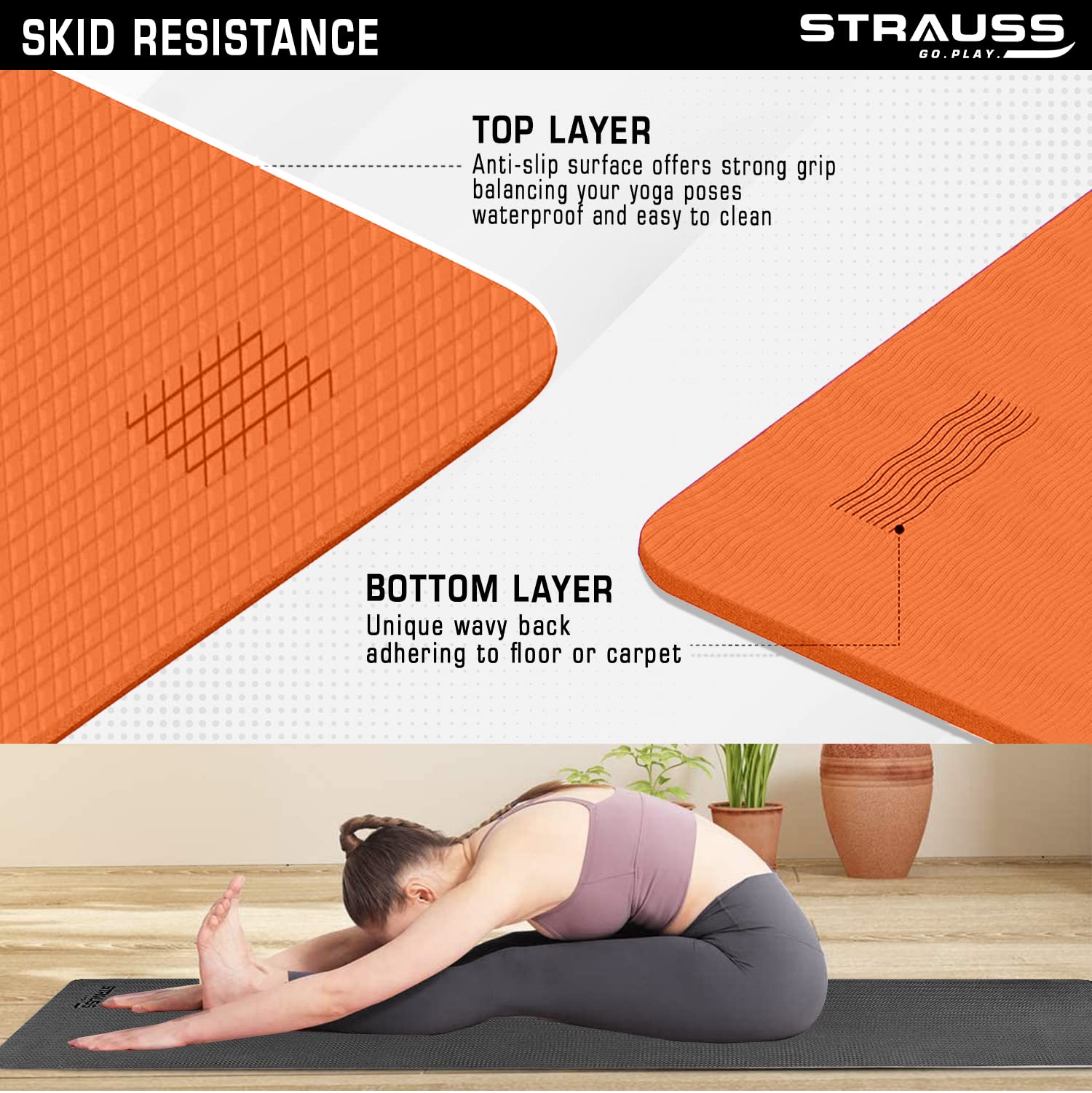 Strauss Anti Skid EVA Yoga Mat with Carry Bag, 8mm, (Orange)