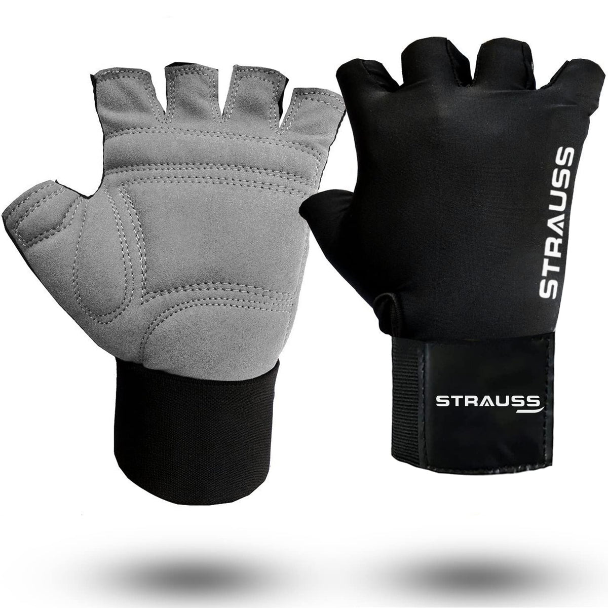 STRAUSS Suede Gym Gloves for Weightlifting, Training, Cycling, Exercise & Gym | Half Finger Design, 8mm Foam Cushioning, Anti-Slip & Breathable Lycra Material, (Grey/Black), (Large)