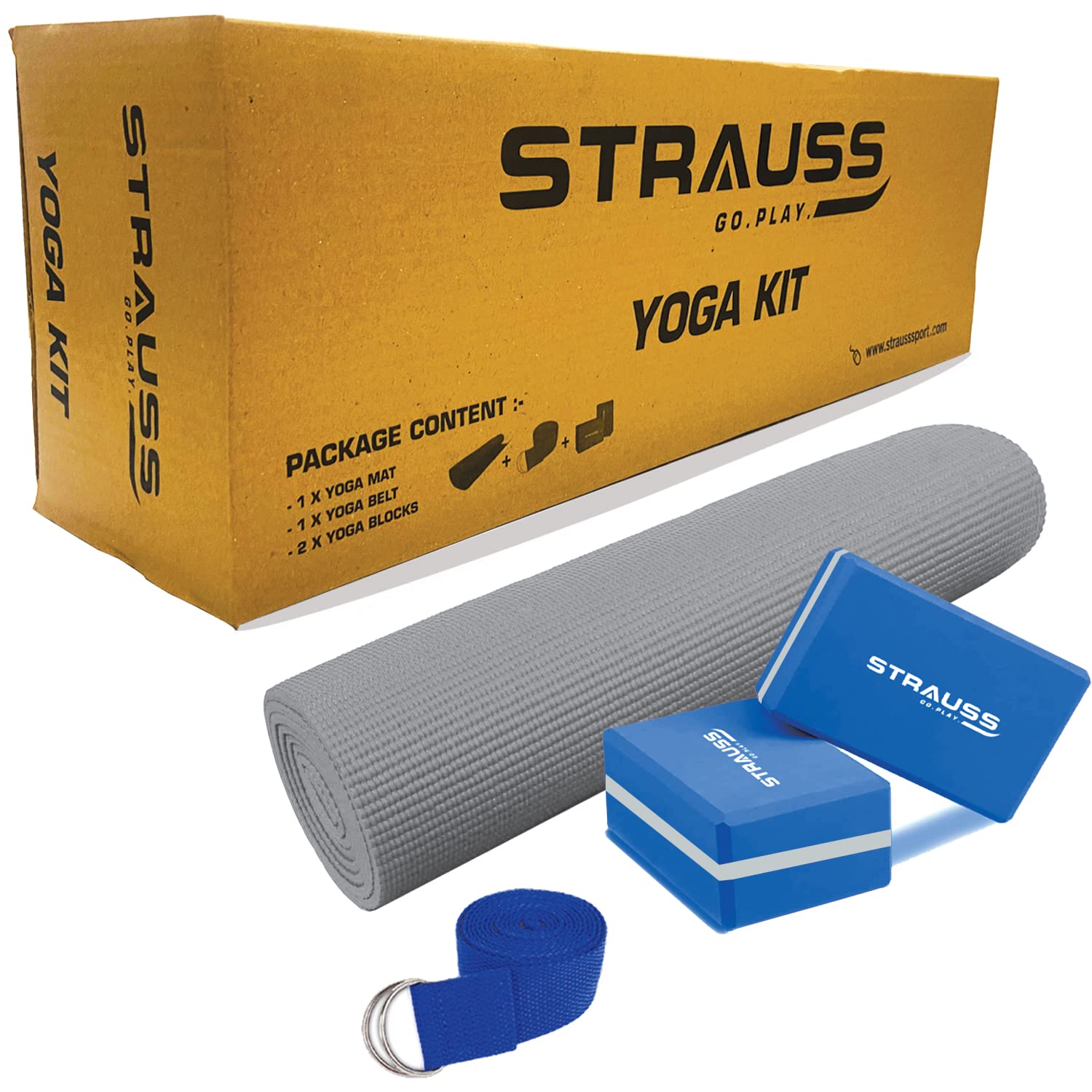 Strauss Yoga Mat 6mm, Grey With Yoga Block Pair and yoga Belt