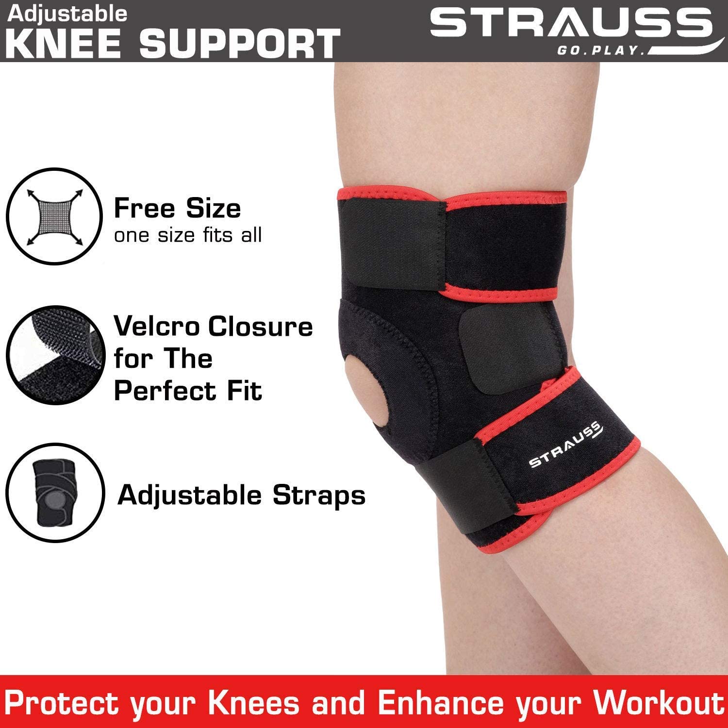 STRAUSS Adjustable Knee Support Patella|knee support for men and women|knee cap|Knee brace|Knee Guard |Knee Cap|Knee pain relief |Knee belt|Joint pain relief | Single (Free Size, Black/Red)