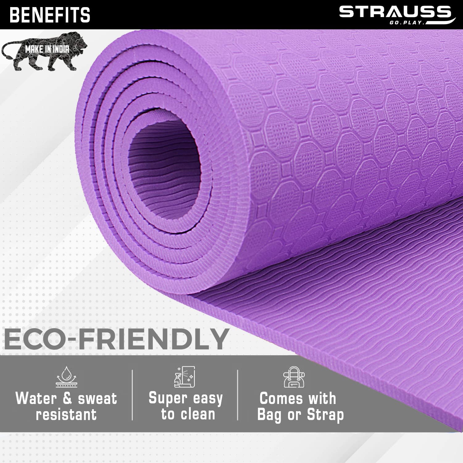 Strauss Anti Skid TPE Yoga Mat with Carry Bag, 4mm, (Purple)