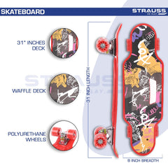 STRAUSS Cruiser Skateboard| Penny Skateboard | Casterboard | Hoverboard | Anti-Skid Board with ABEC-7 High Precision Bearings | PU Wheel with Light |Ideal for All Skill Level (31 X 8 Inch), (Scribble Red)