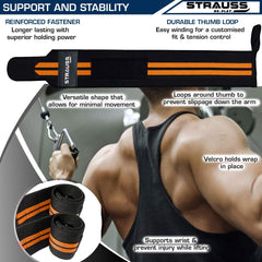 Strauss WL Cotton Wrist Supporter with Thumb Loop Straps & Closures for Gym, Workouts & Strength Training| Adjustable & Breathable with Powerful Velcro & Soft Material, (Black/Orange)