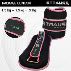 Strauss Round Shape Adjustable Ankle Weight/Wrist Weights 1.5 KG X 2 | Ideal for Walking, Running, Jogging, Cycling, Gym, Workout & Strength Training | Easy to Use on Ankle, Wrist, Leg, (Pink)