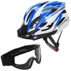 Strauss Cycling Helmet, (White/Blue) with Offroad Bike Goggles, (Black)