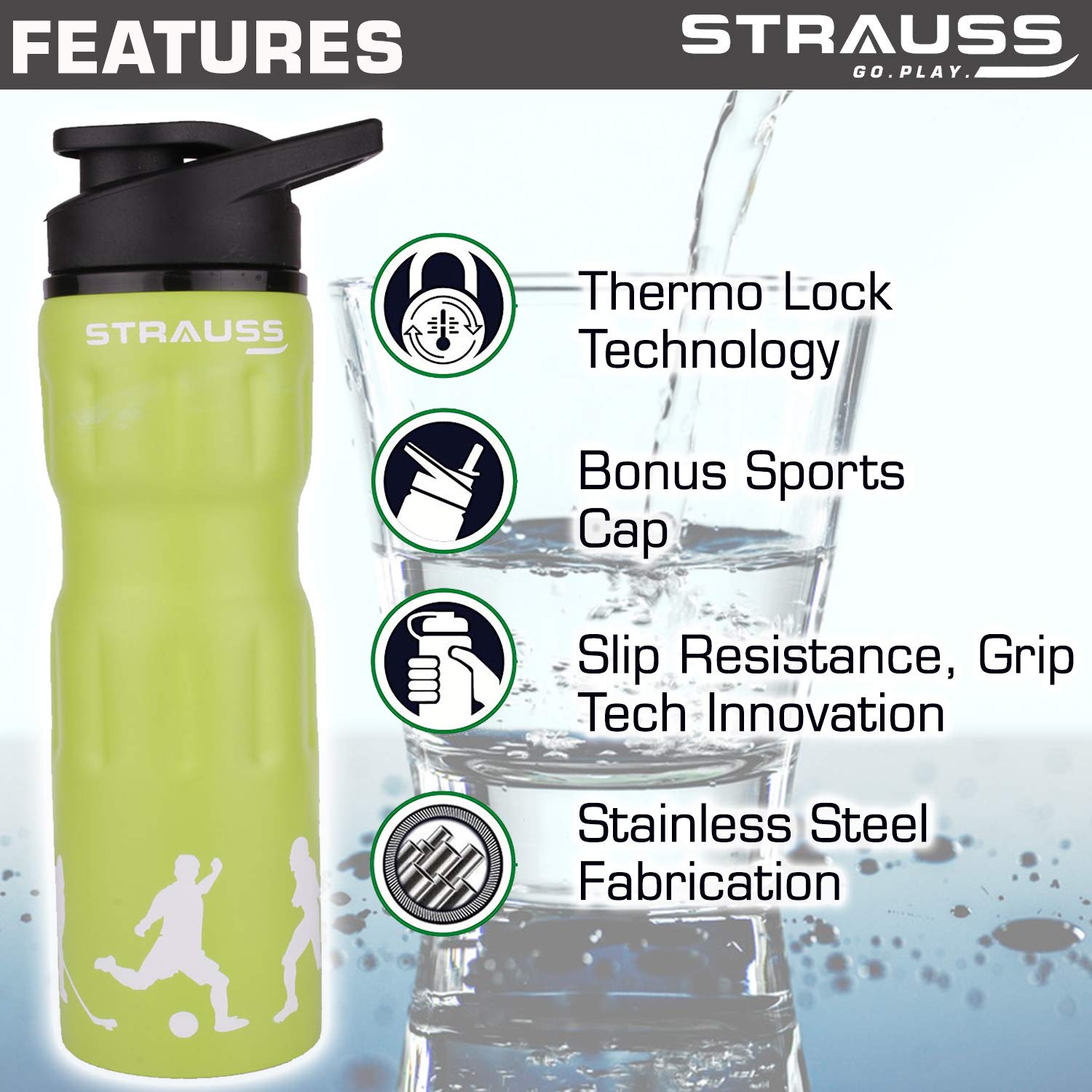 STRAUSS Stainless-Steel Water Bottle, 750 ml (Green)