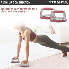 Strauss All-in-One Ab Roller with Push Up Bar & Resistance Tube, (Pink)