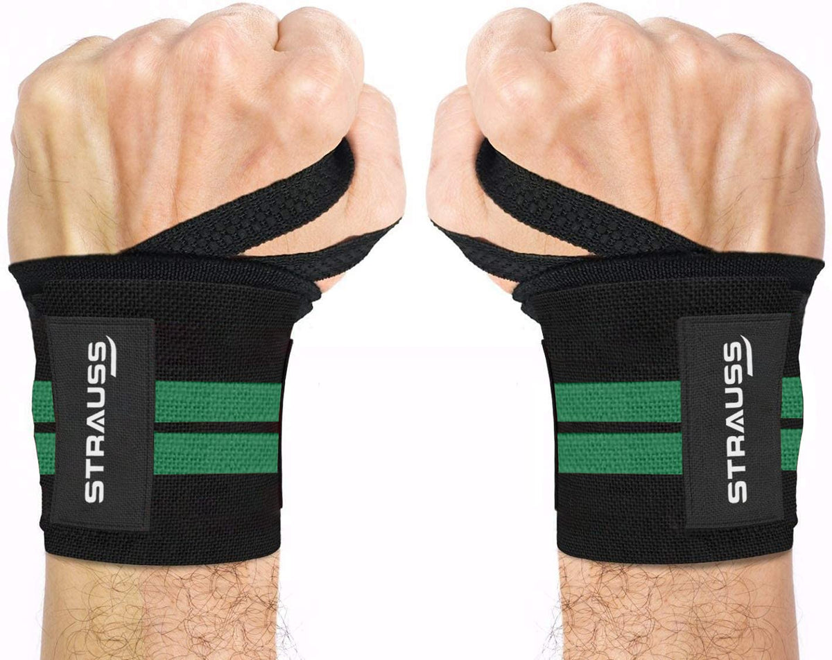 STRAUSS WL Cotton Wrist Supporter with Thumb Loop Straps & Closures for Gym, Workouts & Strength Training| Adjustable & Breathable Materail with Powerful Velcro & Soft Material, (Black/Green)