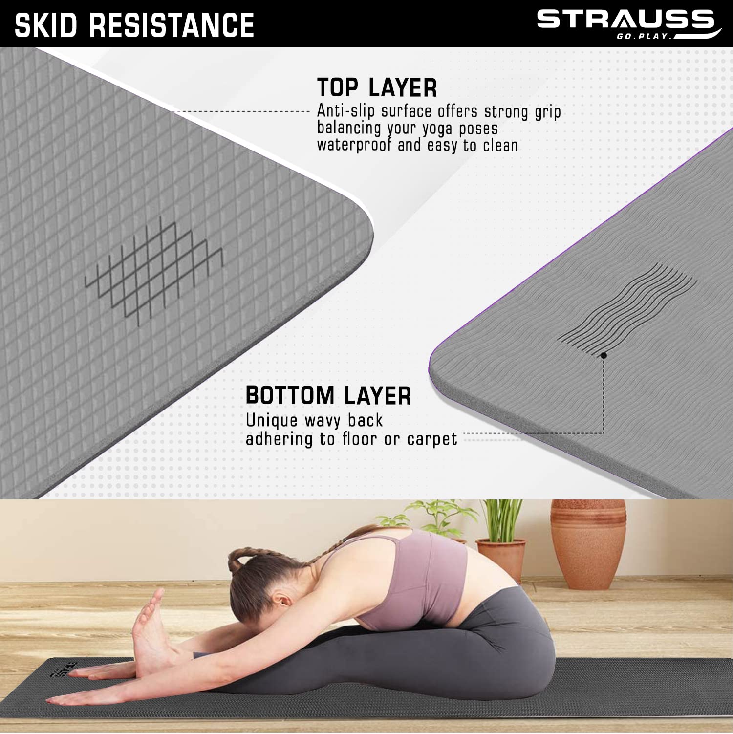 Strauss Anti Skid EVA Yoga Mat with Carry Bag, 8mm, (Grey)