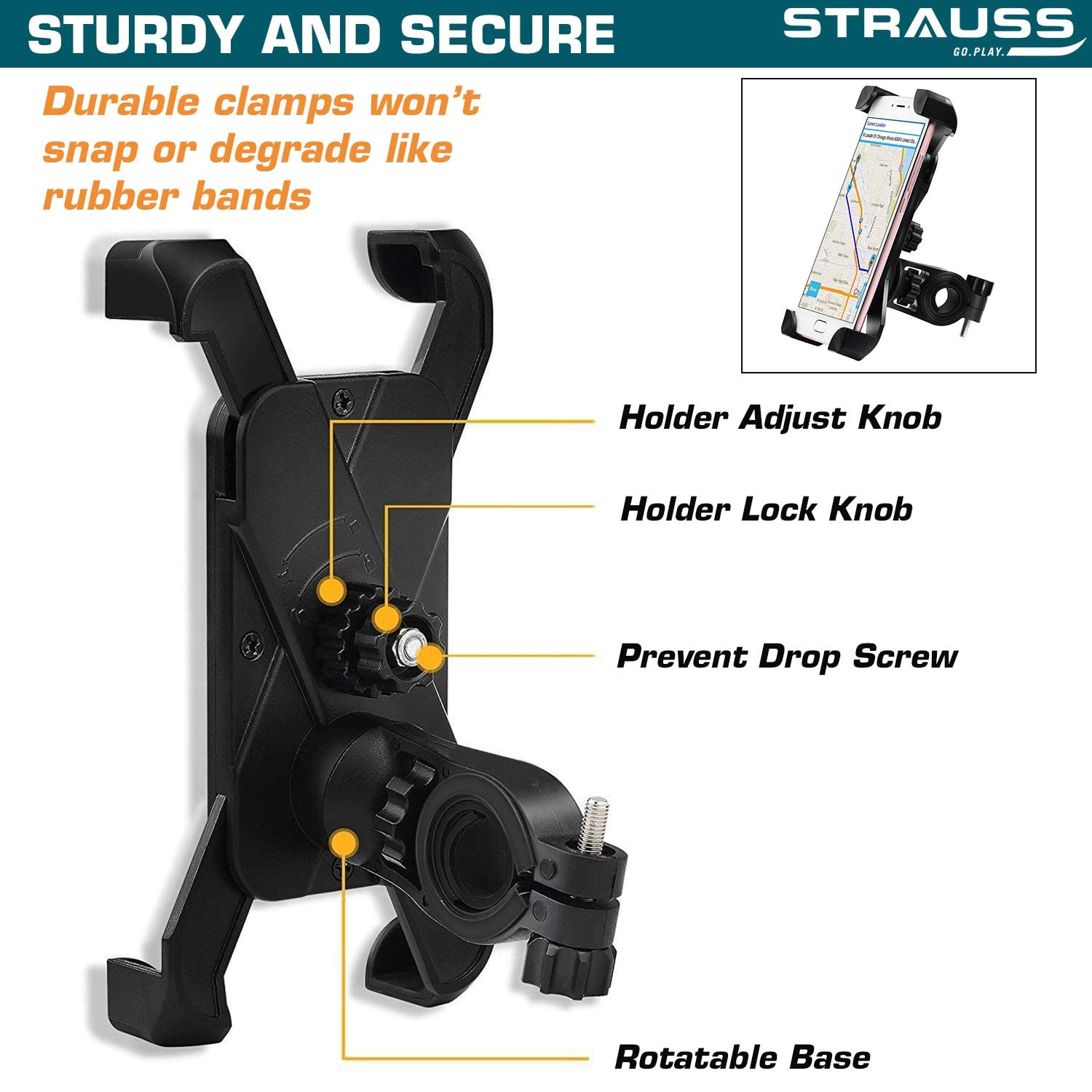 Strauss Bike Mobile Holder - Adjustable 360° Rotation Bicycle Phone Mount | Bike Accessories | Bike Phone Holder (Black)