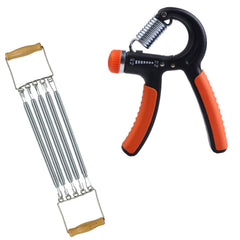 STRAUSS Adjustable chrome steel Hand Grip Strengthener, (Black/Orange) and Chest Expander with 5 Springs