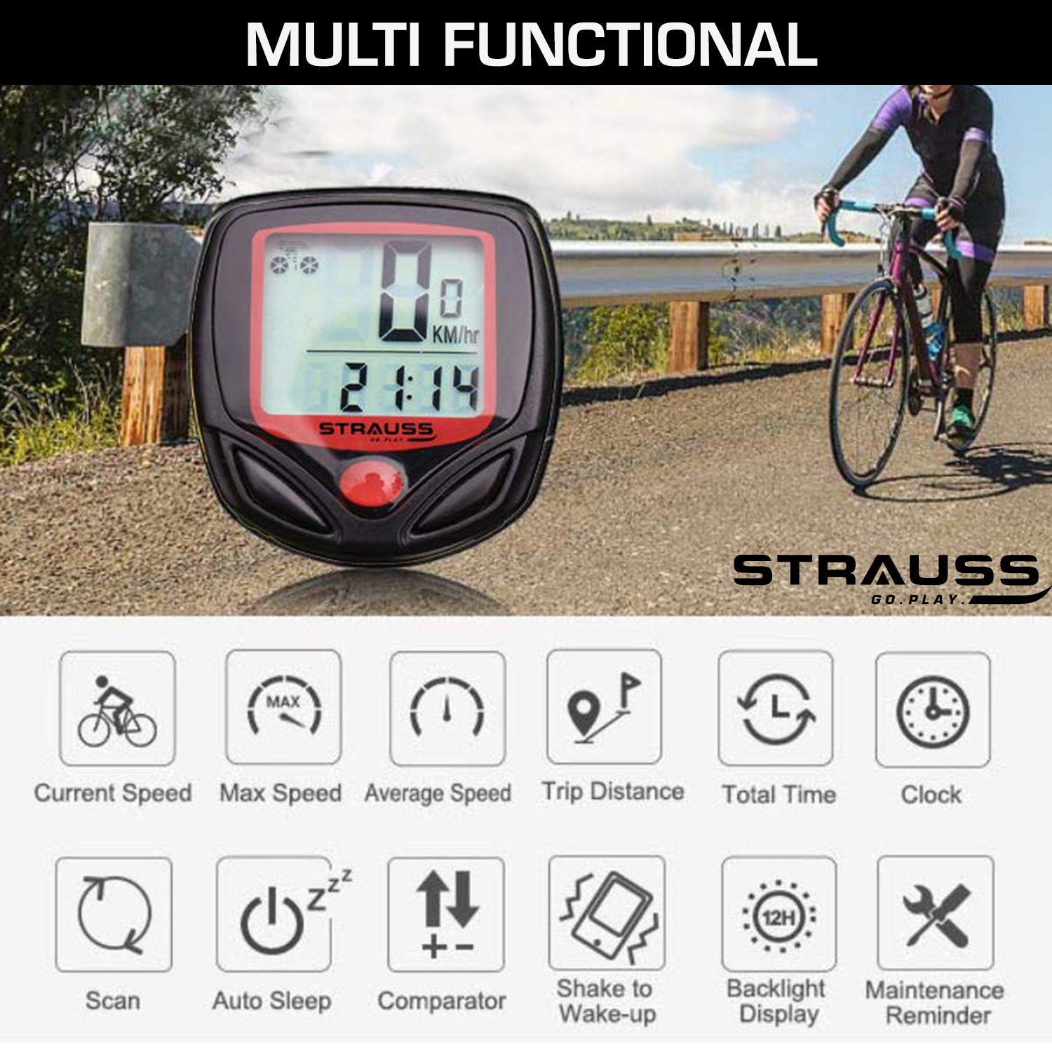 Strauss Bicycle Solar Tail Light and Bicycle Speedometer, (Black/Red)