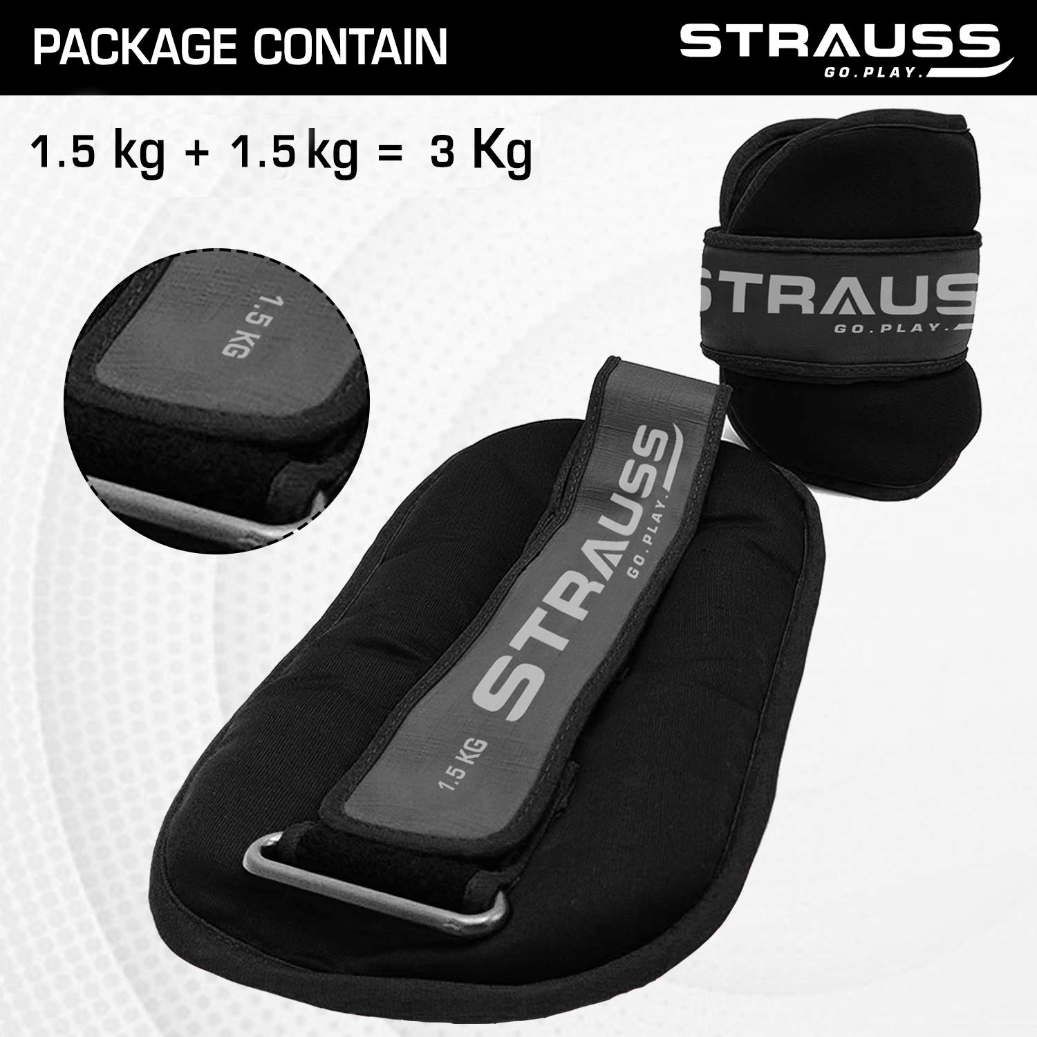 Strauss Round Shape Ankle Weight, 1.5 Kg (Each), Pair, (Black)
