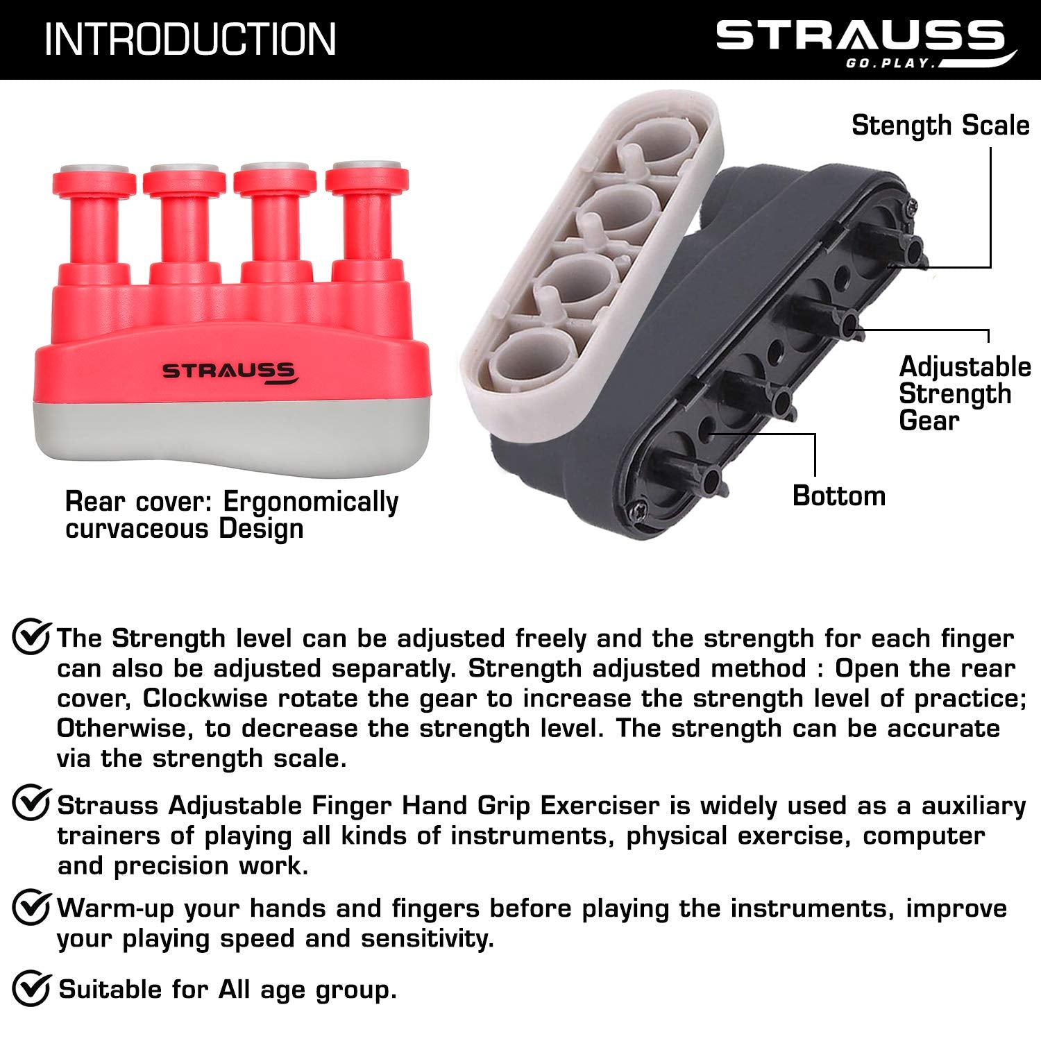 Strauss Adjustable Finger Hand Grip, (Pink)