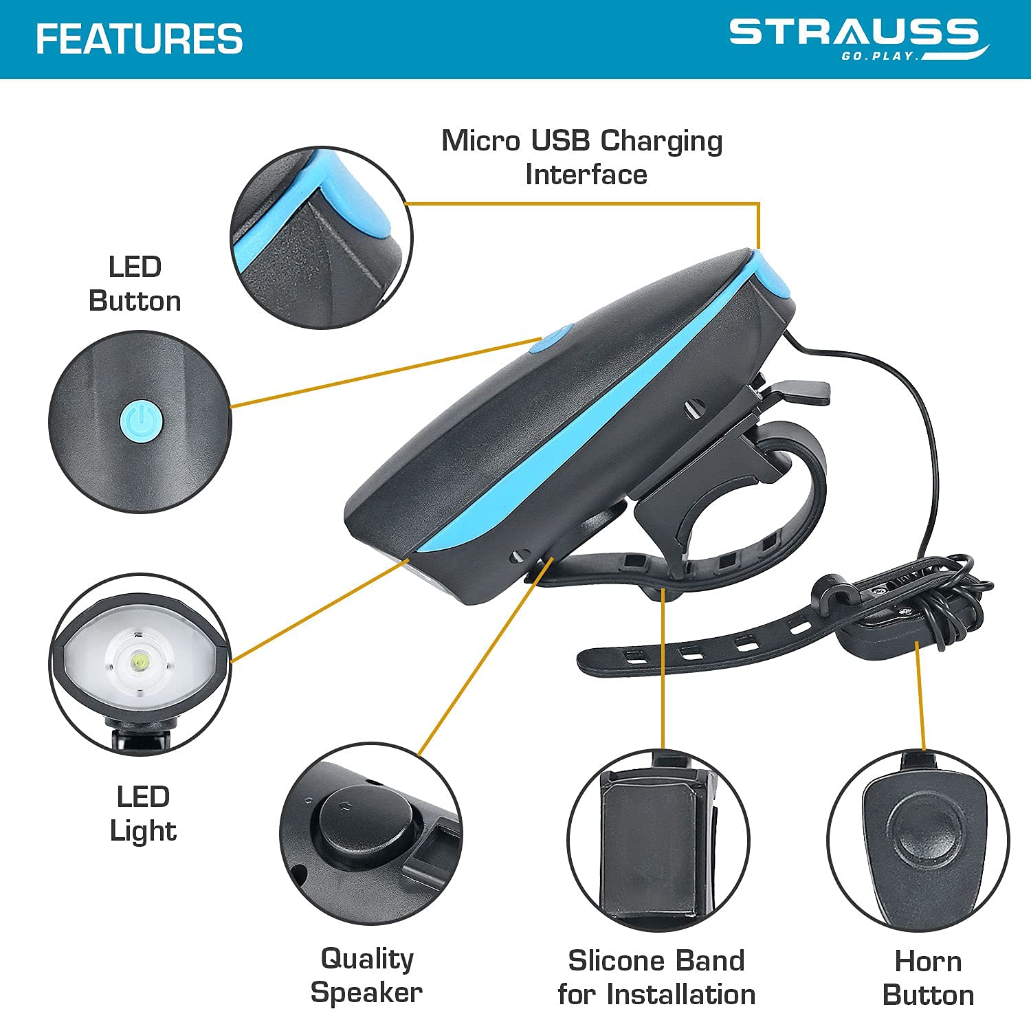 Strauss Rechargeable Bike Horn and Light, (Blue)