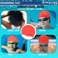 Strauss Latest Designed Swimming Cap | Keeps Hair Clean with Ear Protector | Suitable For Long and Short Hair | Swimming Head Cap With Breathable Fabric | Waterproof Swim Cap for Adult, Woman and Men ,(Red)