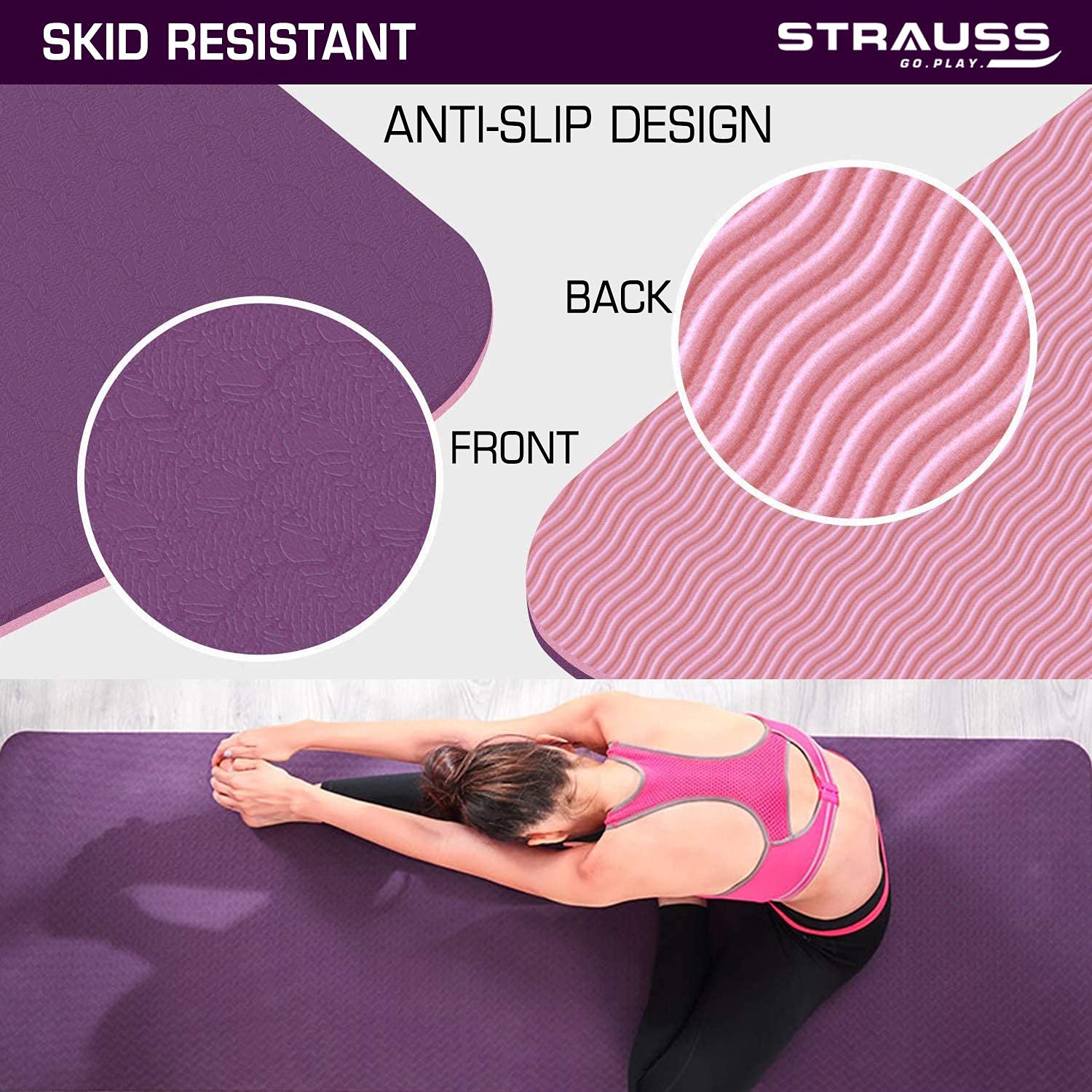 Strauss TPE Eco Friendly Dual Layer Yoga Mat, 6 mm (Pink)