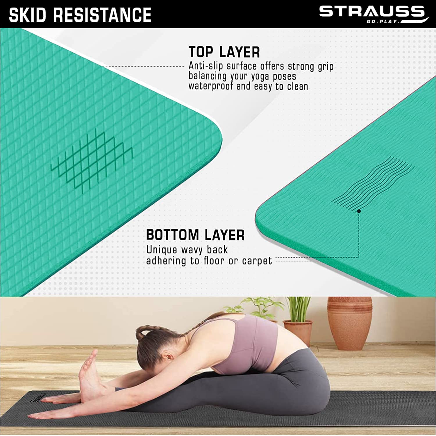 Strauss Anti Skid EVA Yoga Mat with Carry Strap, 6mm, (Sea Green)
