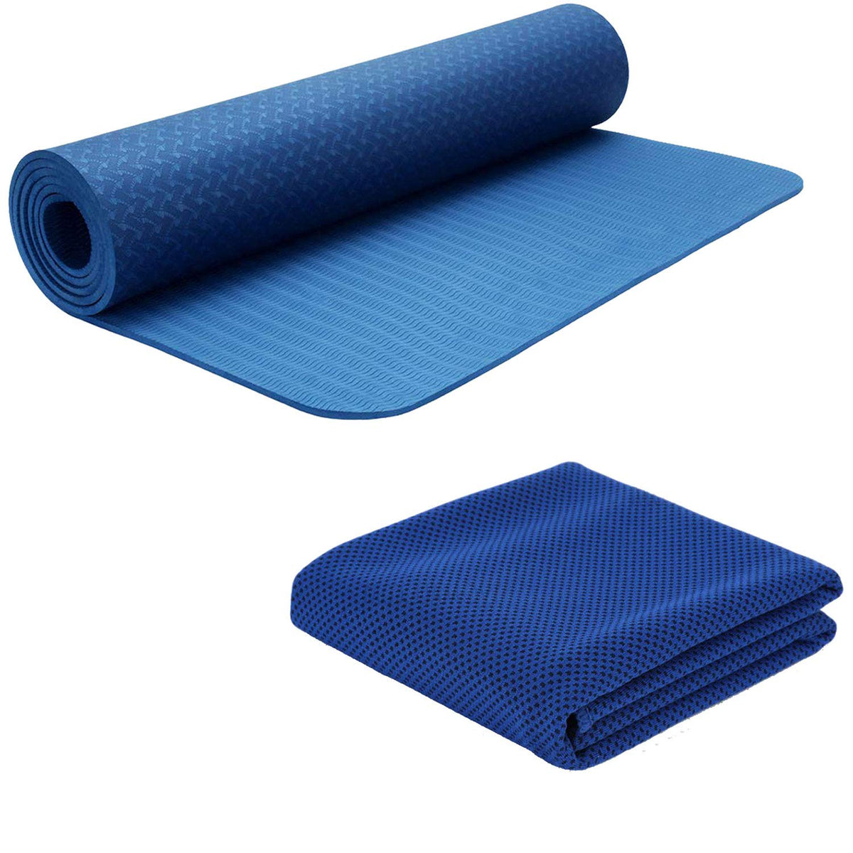Strauss TPE Eco-Friendly Yoga Mat, 6mm (Blue) and Cooling Towel, 80 cm, (Blue)