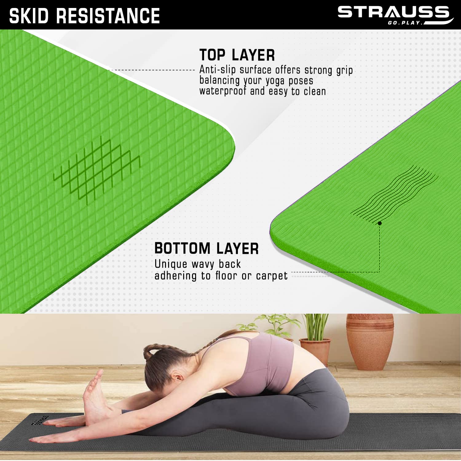 Strauss Anti Skid EVA Yoga Mat with Carry Bag, 4mm, (Green)