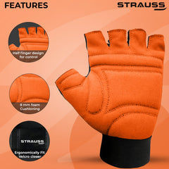 STRAUSS Suede Gym Gloves for Weightlifting, Training, Cycling, Exercise & Gym | Half Finger Design, 8mm Foam Cushioning, Anti-Slip & Breathable Lycra Material, (Black), (Medium)