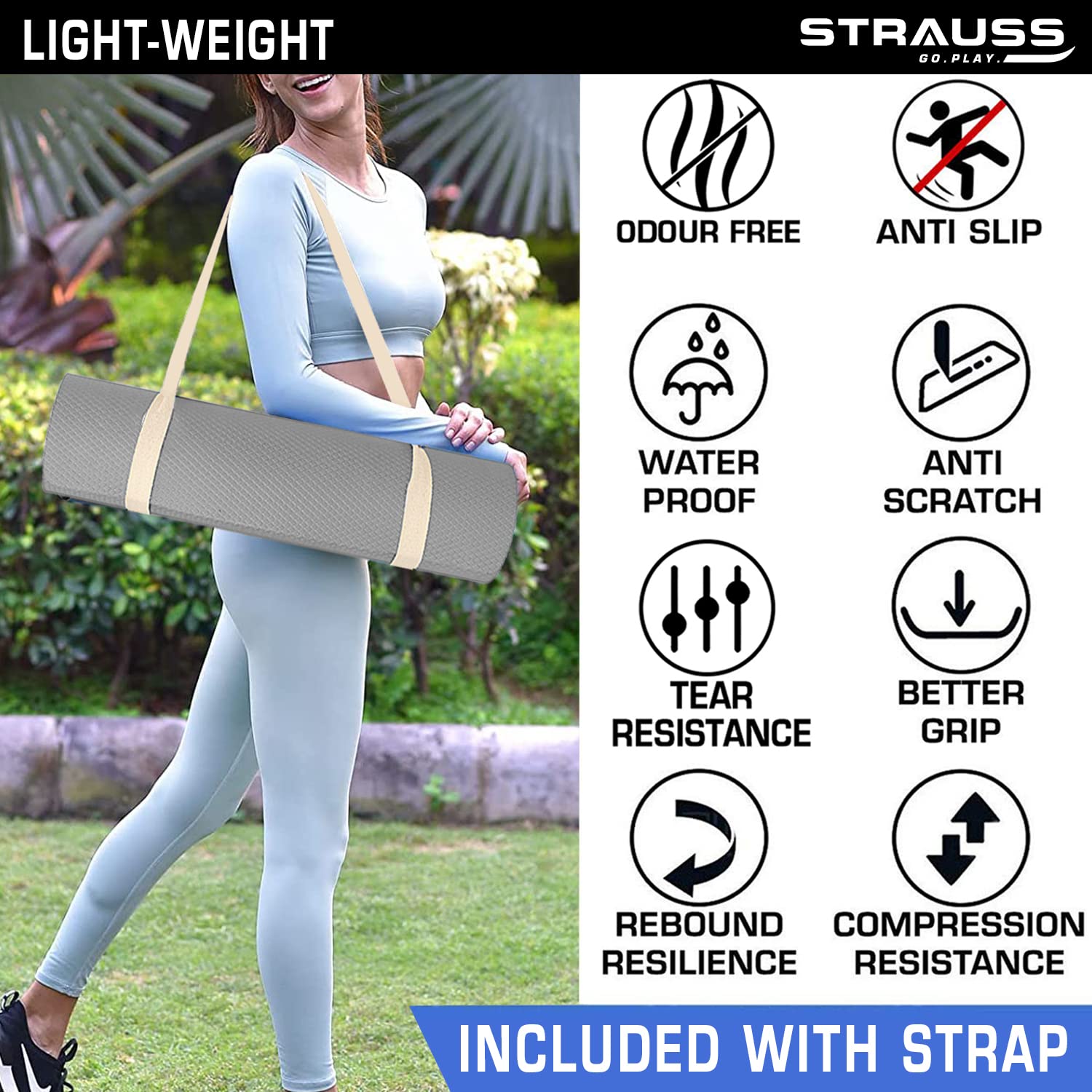 Strauss Anti Skid EVA Yoga Mat with Carry Strap, 8mm, (Grey)