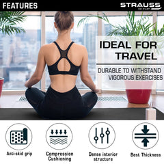 Strauss Anti Skid TPE Yoga Mat with Carry Strap, 8mm, (Black)