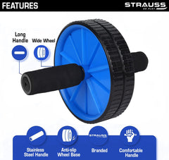 Strauss Double Wheel Ab & Exercise Roller | Anti-Skid Wheel Base, Non-Slip PVC Handles with Foam | Ideal for Home, Gym workout for Abs, Tummy, (Blue)