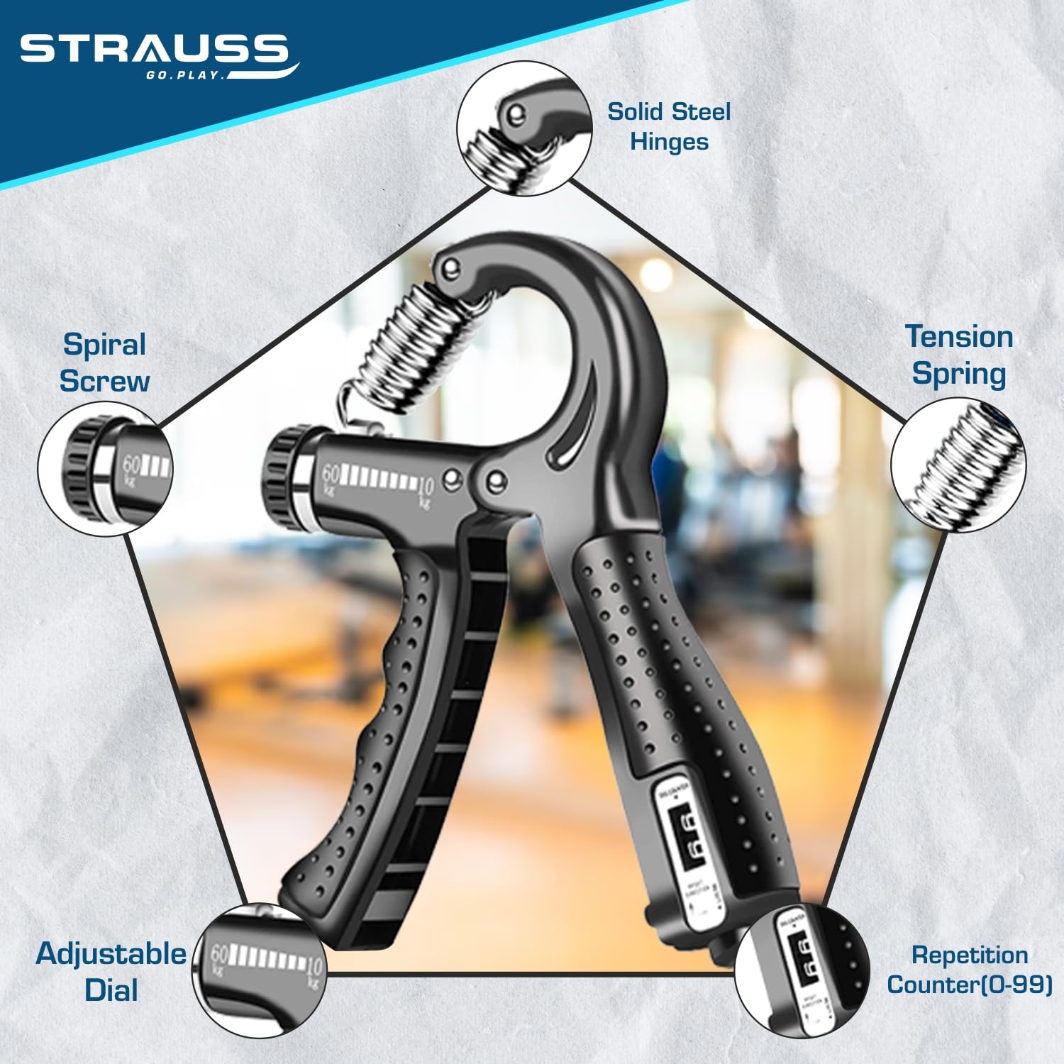 Strauss A-Shape Hand Grip | Adjustable Resistance (10KG -100KG) | Hand/Power Gripper for Home & Gym Workouts | Perfect for Finger & Forearm Hand Exercises & Strength Building for Men & Women (Black)