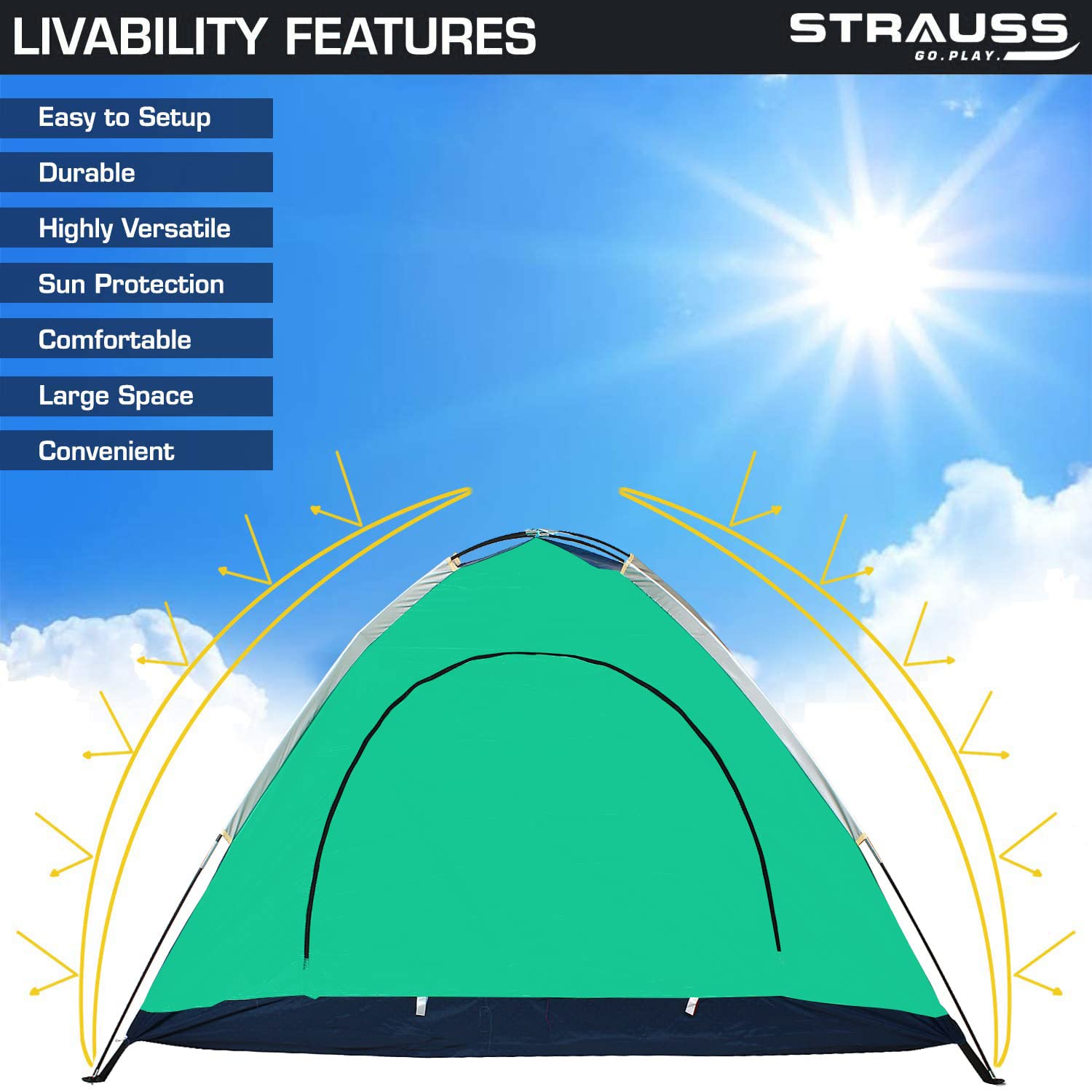 STRAUSS Portable Camping Tent | 5-10 Minutes Easy Setup | Waterproof and Windproof Tent for Camping | Superior Air Ventilation| Ideal for 2 Persons,(Blue and Green)
