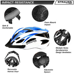 Strauss Cycling Helmet, (White/Blue) with Led Headlight and Mobile Holder