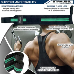 STRAUSS WL Cotton Wrist Supporter with Thumb Loop Straps & Closures for Gym, Workouts & Strength Training| Adjustable & Breathable Materail with Powerful Velcro & Soft Material, (Black/Green)