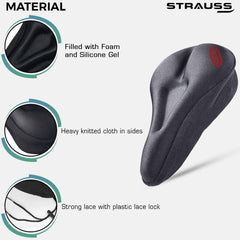 Strauss Silicone Gel Seat Cover with Anti-Slip Granules & Soft, Thick Padding | Superior Comfort, Breathable Design | Comes with Adjustable Rope Straps & Fits All Cycles, (Black)