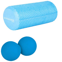 Strauss Foam Roller (Sky Blue), 30 cm and Dual Yoga Massage Ball (Blue)