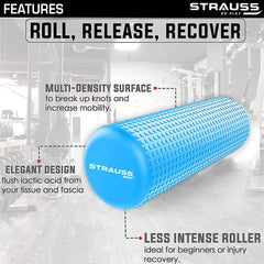 Strauss Yoga Foam Roller | Deep Tissue Massage Roller for Knee Exercise, Muscles Recovery & Physiotherapy | Home Gym Fitness Equipment for Full Body Relaxation and Flexibility | 45cm,(Sky Blue)