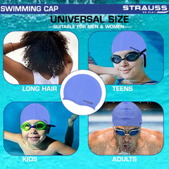 Strauss Latest Designed Swimming Cap | Keeps Hair Clean with Ear Protector | Suitable For Long and Short Hair | Swimming Head Cap With Breathable Fabric | Waterproof Swim Cap for Adult, Woman and Men ,(Blue)