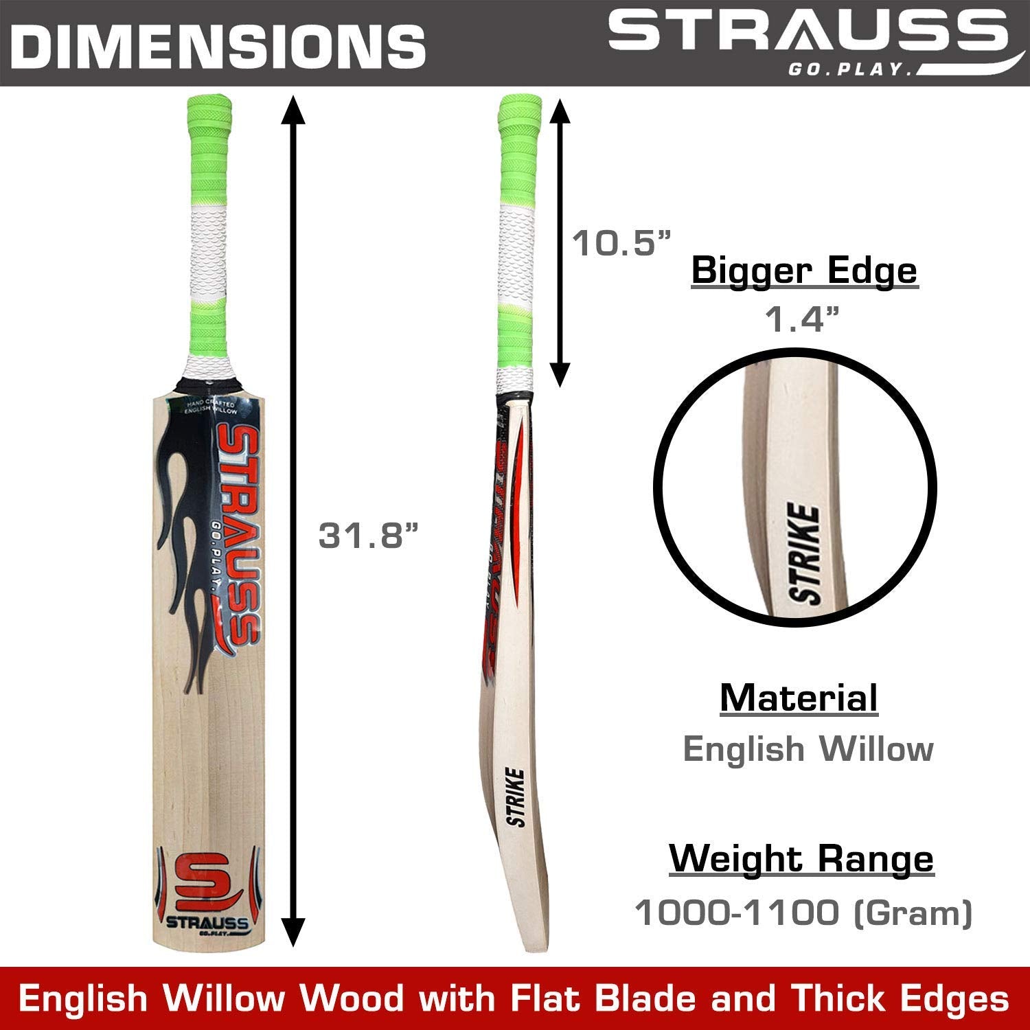 Strauss Cricket Bat | Edition: Advanced | English Willow | Size: Short Handle | Grade: 1 | Premium Leather Ball Cricket Bat