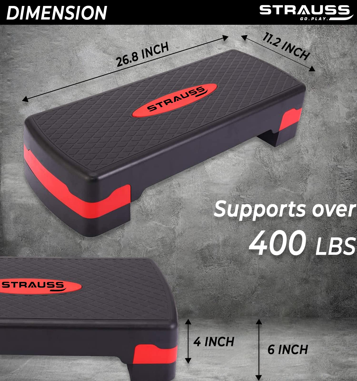 Strauss Aerobic Stepper | Two Height Level Adjustments - 4 inches and 6 inches | Slip-Resistant & Shock Absorbing Platform for Extra-Durability - Supports Upto 200 KG, (Red)
