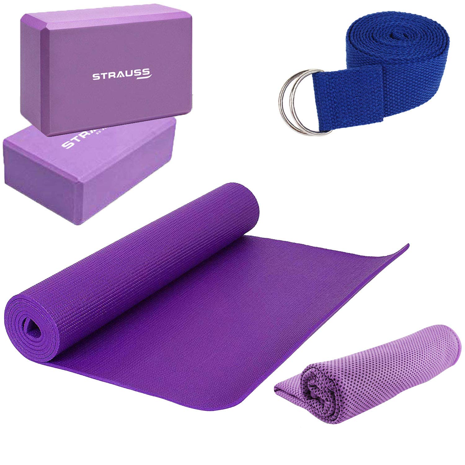 Strauss Yoga Mat (Purple) 4 MM, Yoga Block (Purple) Pair, Anti-Slip Yoga Towel (Blue) and Yoga Belt (Blue)