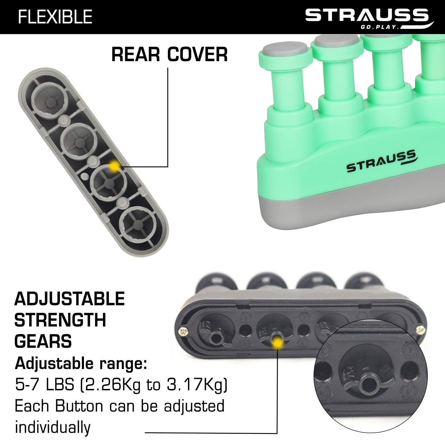 Strauss Adjustable Finger Hand Grip, (Green) Hand Grip Strengthener Strengthens Fingers, Hands, Wrists and Forearms - Best for Climbing, Golf & Tennis Grip Power, Hand Therapy