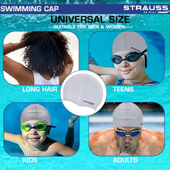 Strauss Latest Designed Swimming Cap | Keeps Hair Clean with Ear Protector | Suitable For Long and Short Hair | Swimming Head Cap With Breathable Fabric | Waterproof Swim Cap for Adult, Woman and Men ,(Grey)